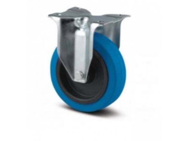 Rigid caster, blue rubber, dia 160mm, plate