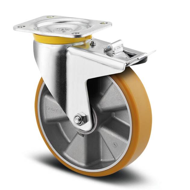 Swivel caster with double brake, PU, precision ball bearings dia 200mm, plate, max dynamic load 800kg