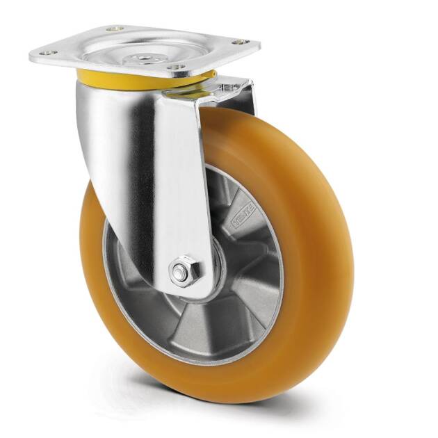 Swivel caster, PU, precision ball bearings dia 200mm, plate, max dynamic load 800kg