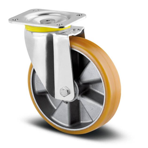 Swivel caster, PU, precision ball bearings dia 160mm, plate, max dynamic load 800kg