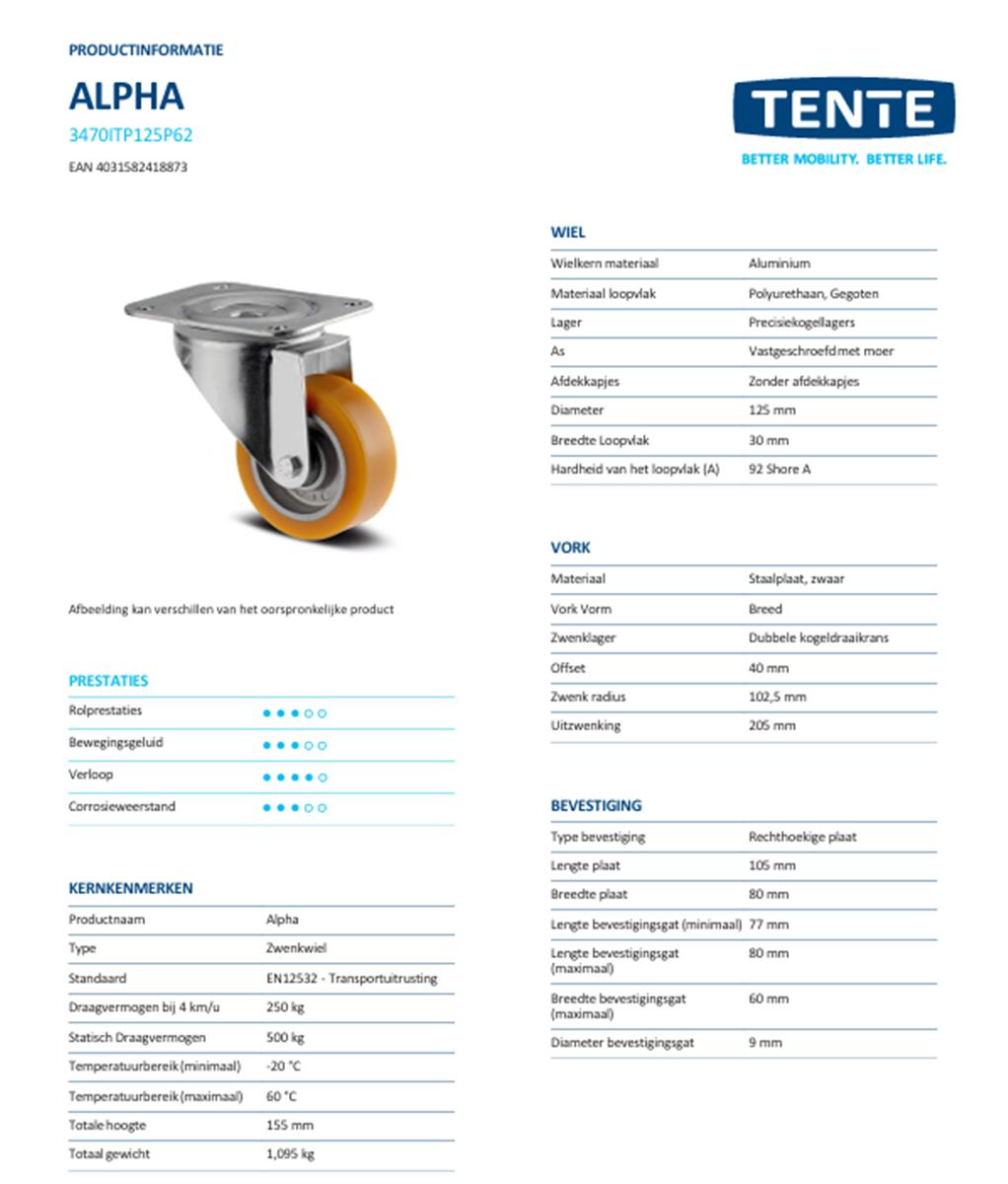Zwenkwiel - TENTE 3470ITP125P62 - polyurethaan - dia 125mm - max 250 kg - 00300618