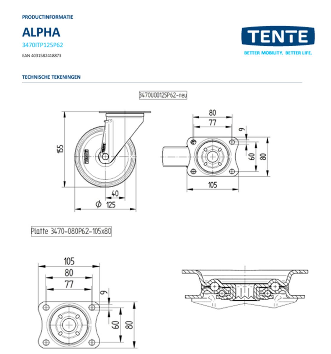 Zwenkwiel - TENTE 3470ITP125P62 - polyurethaan - dia 125mm - max 250 kg - 00300618