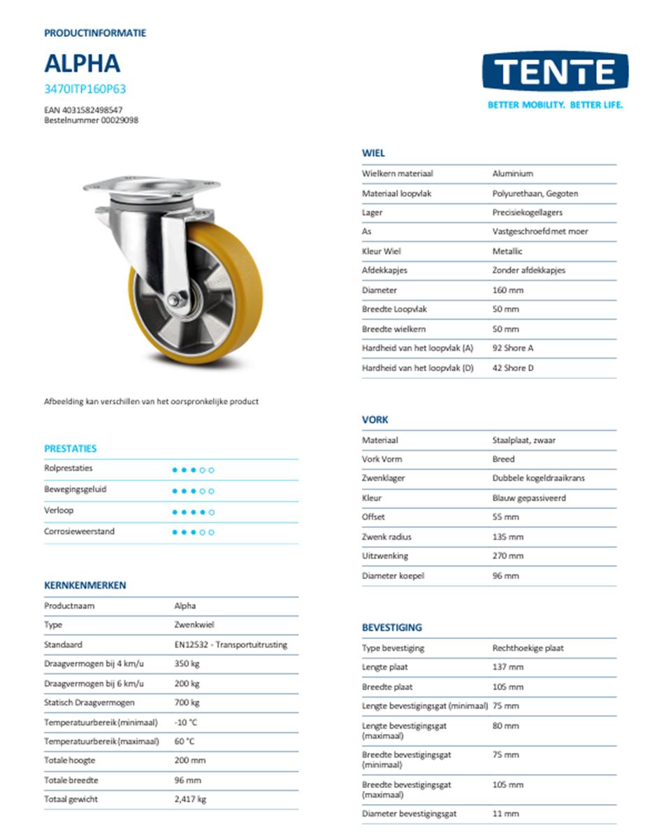 Zwenkwiel - TENTE 3470ITP160P63 cv - polyurethaan - dia 160mm - max 350 kg - 00303655