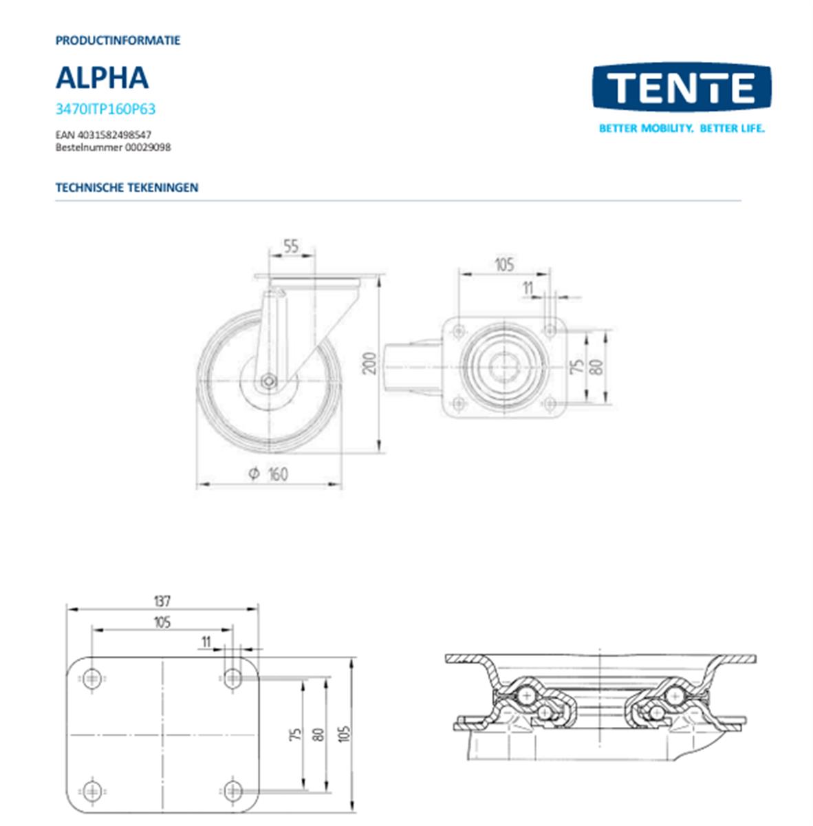 Zwenkwiel - TENTE 3470ITP160P63 cv - polyurethaan - dia 160mm - max 350 kg - 00303655