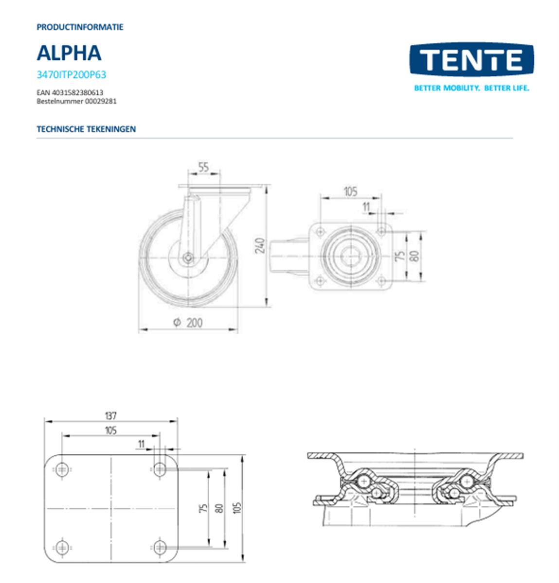 Zwenkwiel - TENTE 3470ITP200P63 cv - polyurethaan - dia 200mm - max 350 kg - 00300946