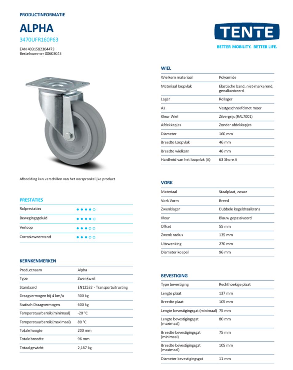 Zwenkwiel - TENTE 3470UFR160P63 - grijs rubber - dia 160mm - max 300 kg - 00030724