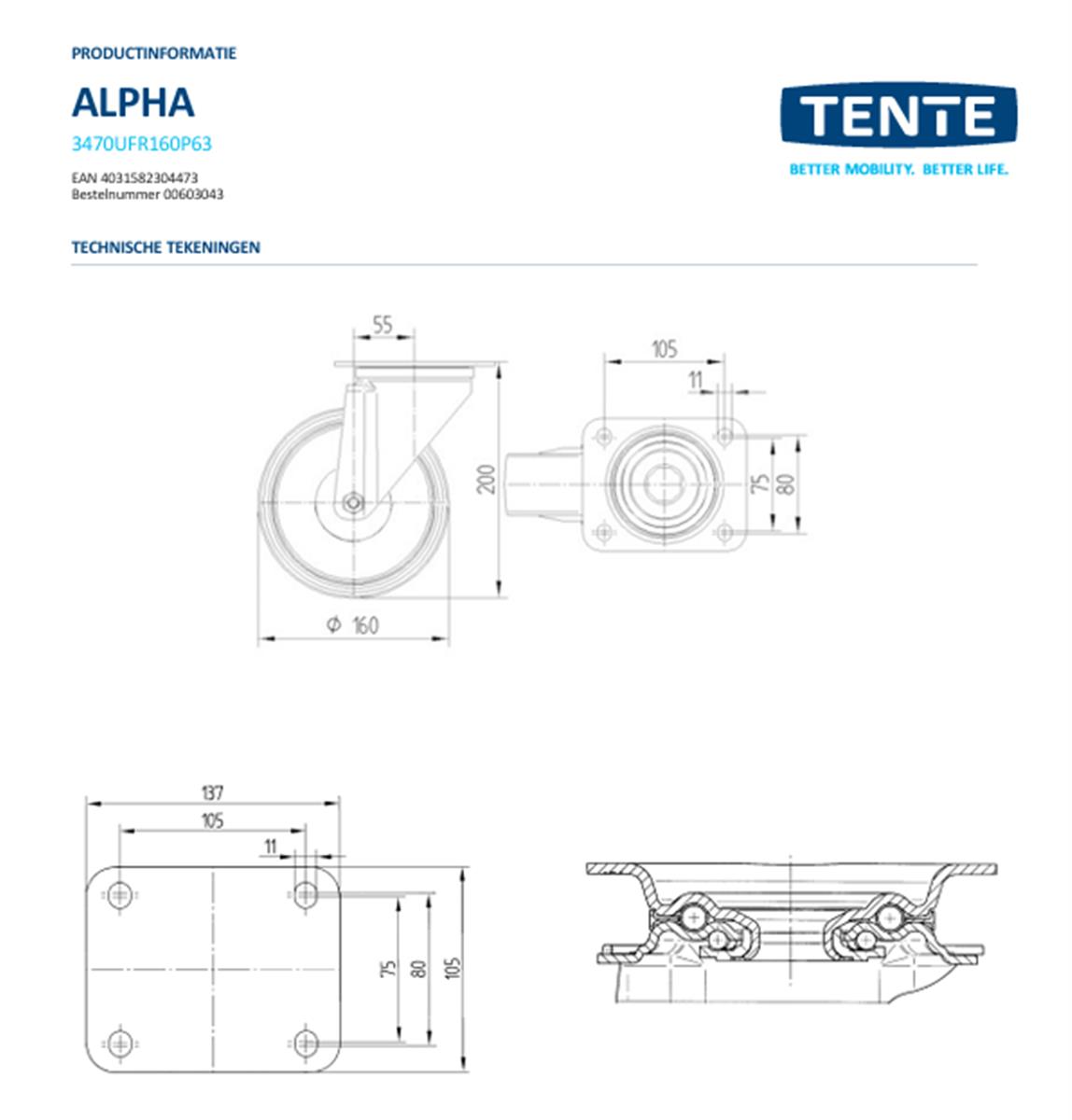 Zwenkwiel - TENTE 3470UFR160P63 - grijs rubber - dia 160mm - max 300 kg - 00030724