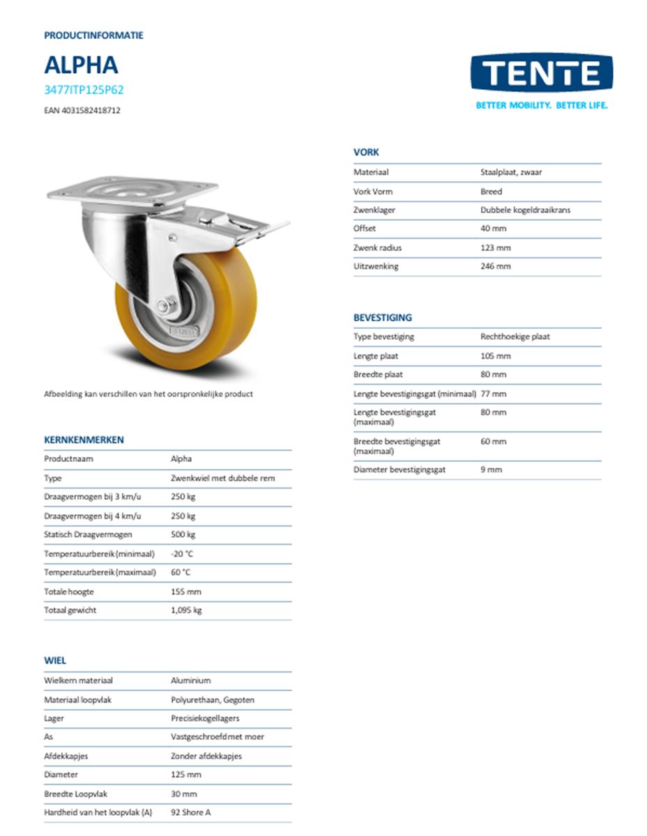 Zwenkwiel met dubbele rem - TENTE 3477ITP125P62 cv - polyurethaan - dia 125mm - max 250 kg - 00300917