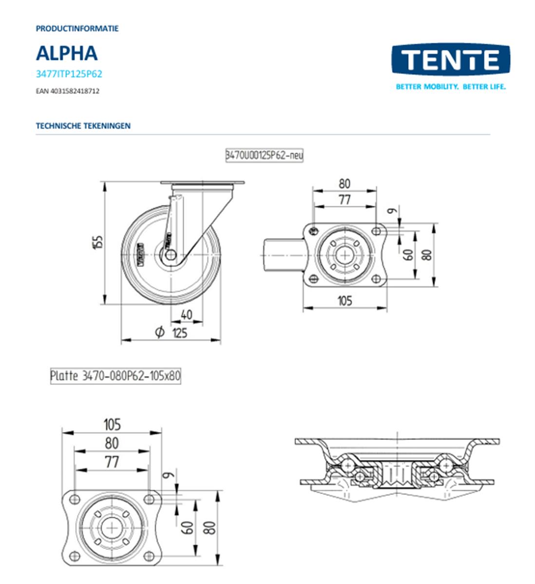 Zwenkwiel met dubbele rem - TENTE 3477ITP125P62 cv - polyurethaan - dia 125mm - max 250 kg - 00300917