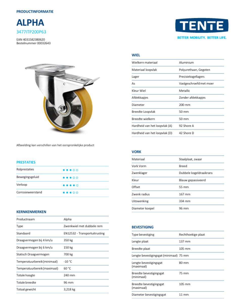 Zwenkwiel met dubbele rem - TENTE 3477ITP200P63 cv - polyurethaan - dia 200mm - max 350 kg - 00300848
