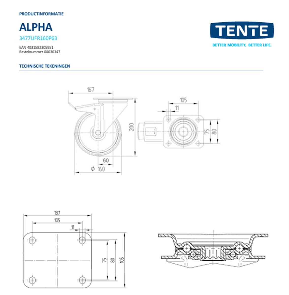 Zwenkwiel met dubbele rem - TENTE 3477UFR160P63 - grijs rubber - dia 160mm - max 300 kg - 00030347
