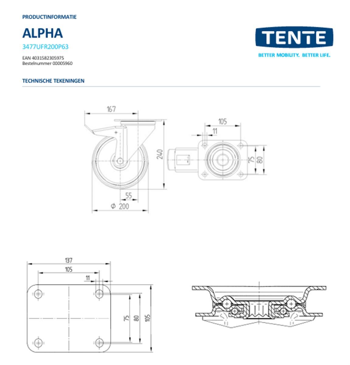 Zwenkwiel met dubbele rem - TENTE 3477UFR200P63 - grijs rubber - dia 200mm - max 400 kg - 00005960