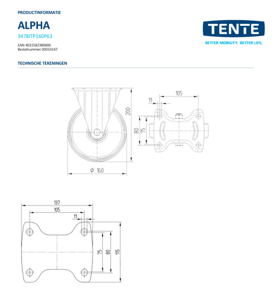 Bokwiel - TENTE 3478ITP160P63 - polyurethaan - dia 160mm - max 350 kg - 00033147
