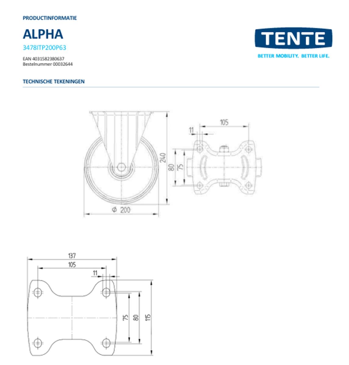 Bokwiel - TENTE 3478ITP200P63 - polyurethaan - dia 200mm - max 350 kg - 00032644