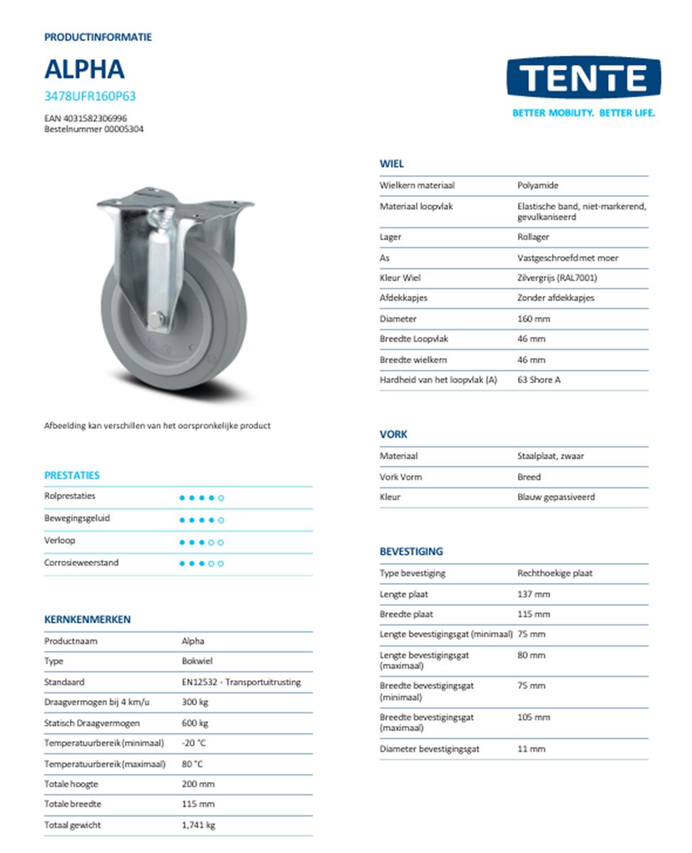 Bokwiel - TENTE 3478UFR160P63 - grijs rubber - dia 160mm - max 300 kg - 00005304