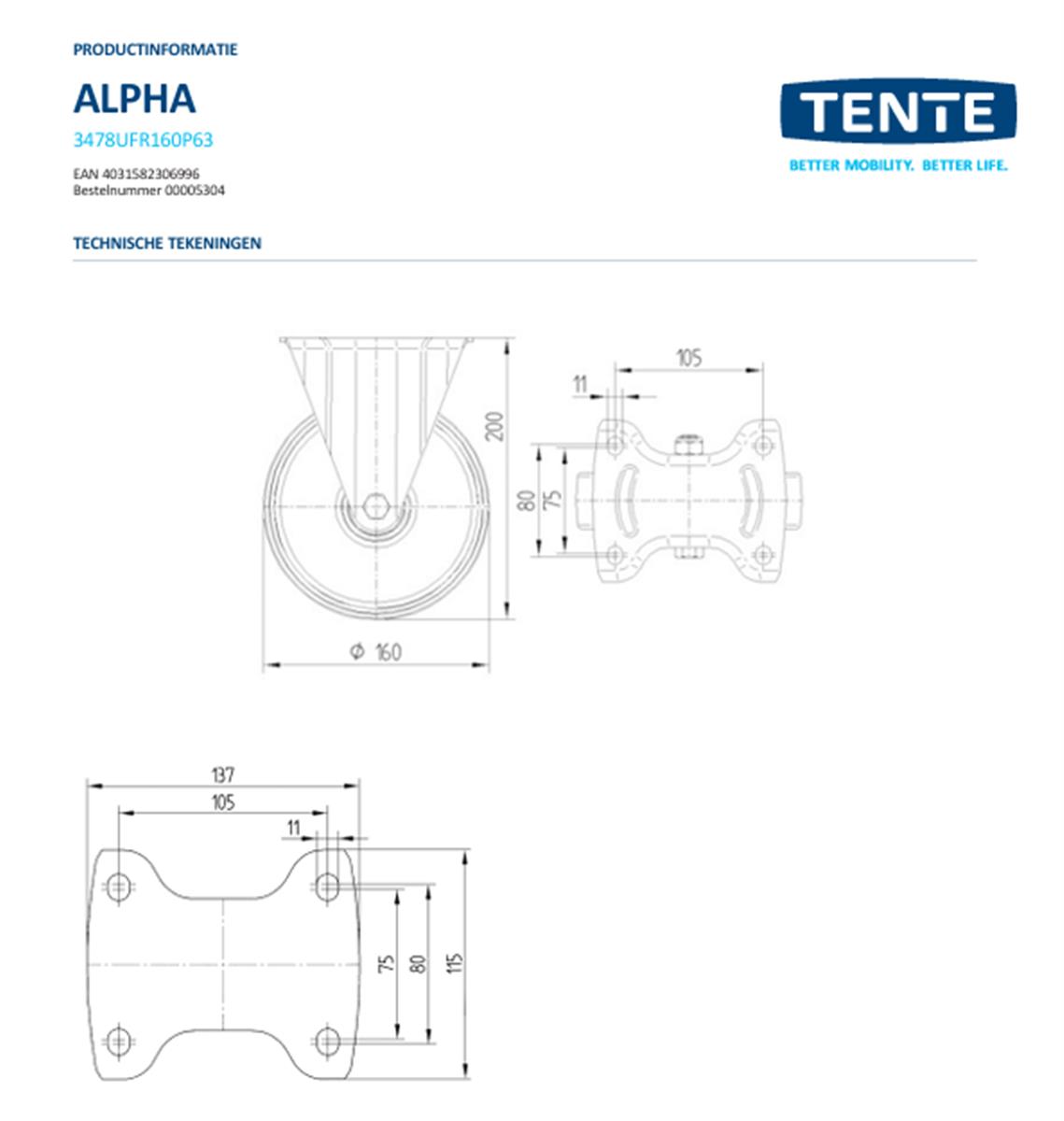 Bokwiel - TENTE 3478UFR160P63 - grijs rubber - dia 160mm - max 300 kg - 00005304