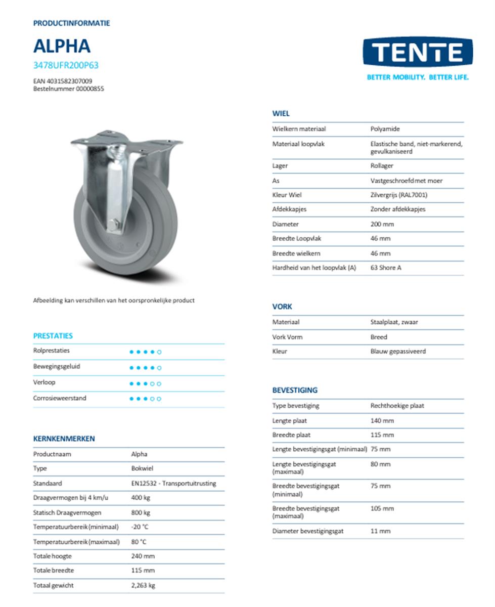 Bokwiel - TENTE 3478UFR200P63 - grijs rubber - dia 200mm - max 400 kg - 00000855