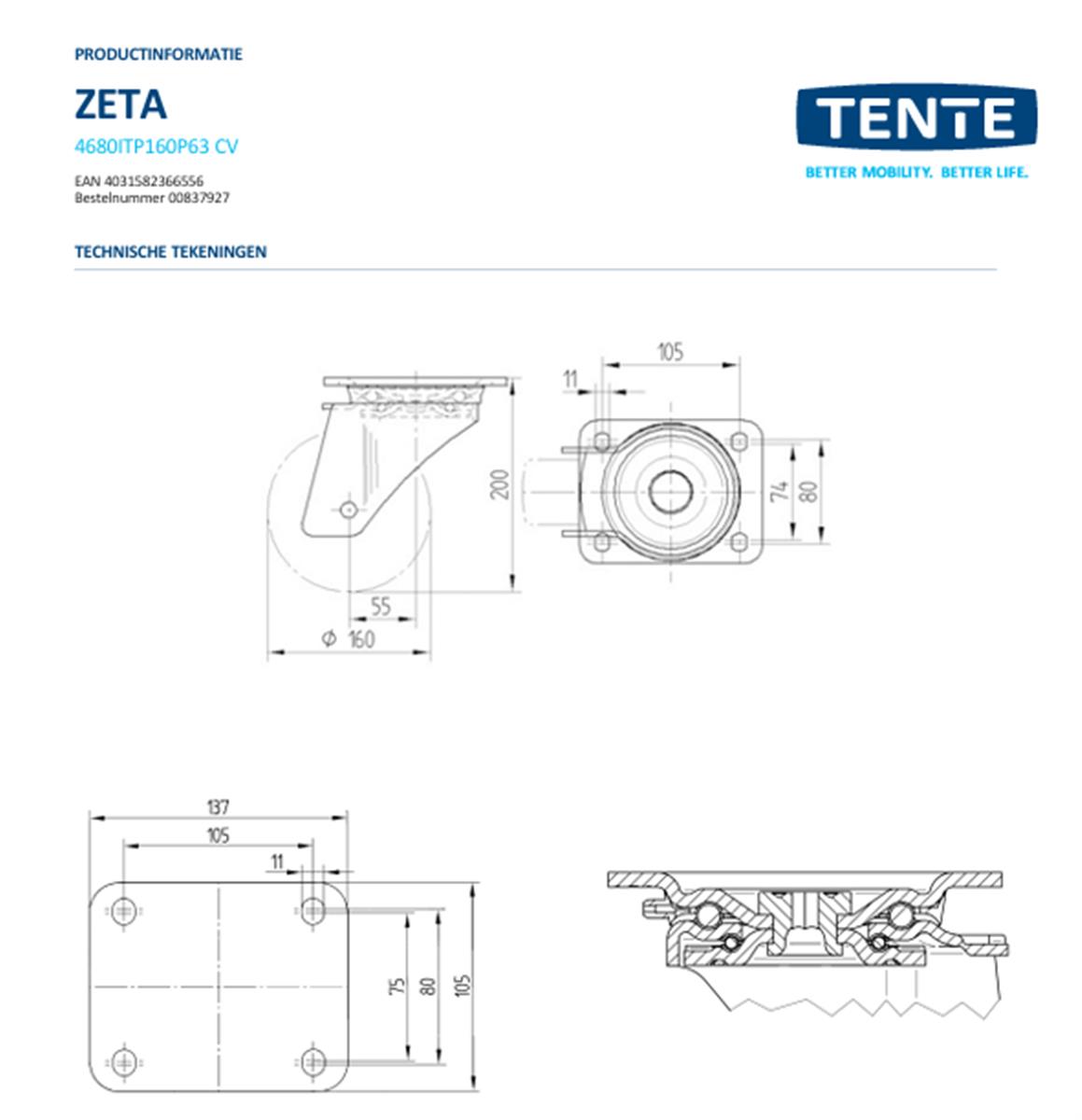 Zwaarlast zwenkwiel - TENTE 4680ITP160P63 - polyurethaan convex - dia 160mm - max 800 kg - 00837927