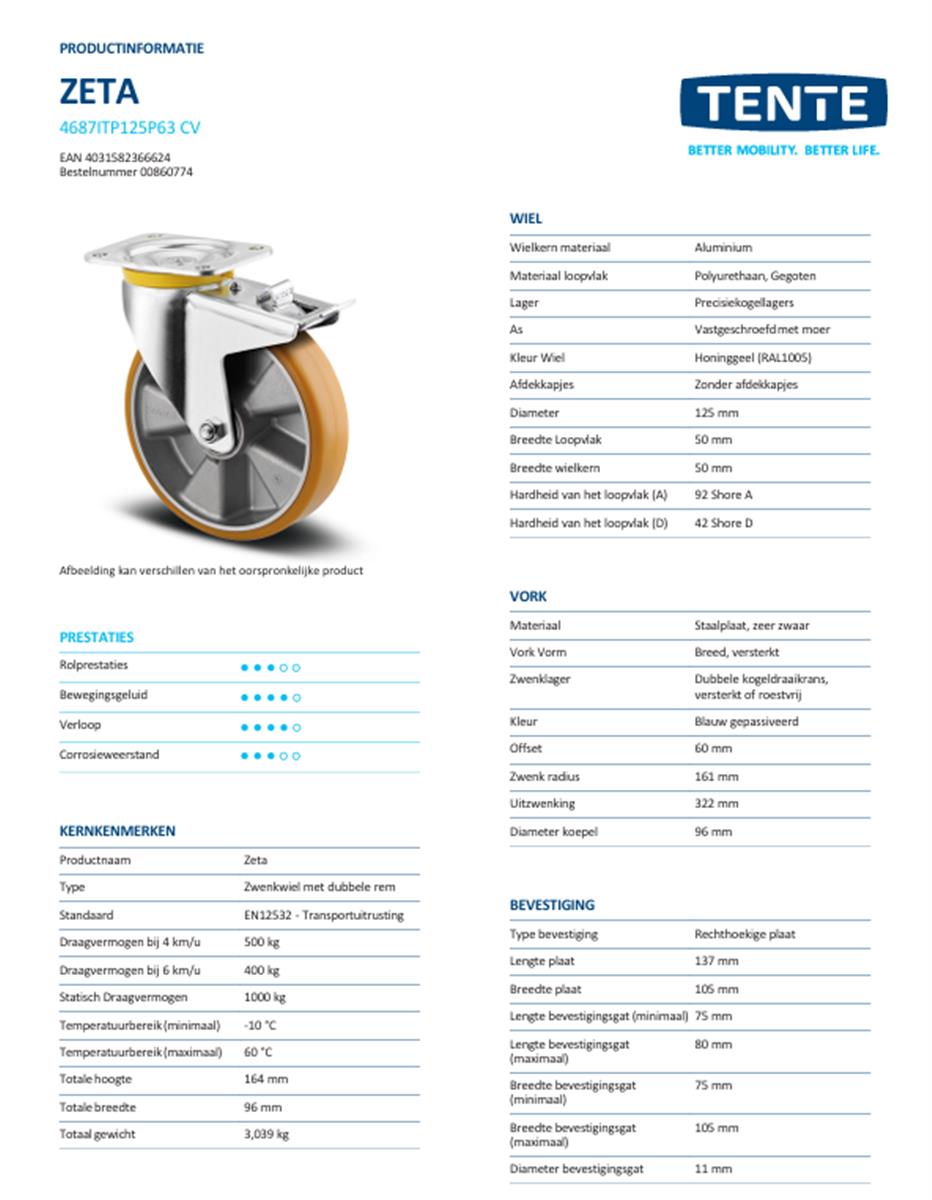 Zwaarlast zwenkwiel met dubbele rem - TENTE 4687ITP125P63 - polyurethaan convex - dia 125mm - max 500 kg - 00860774