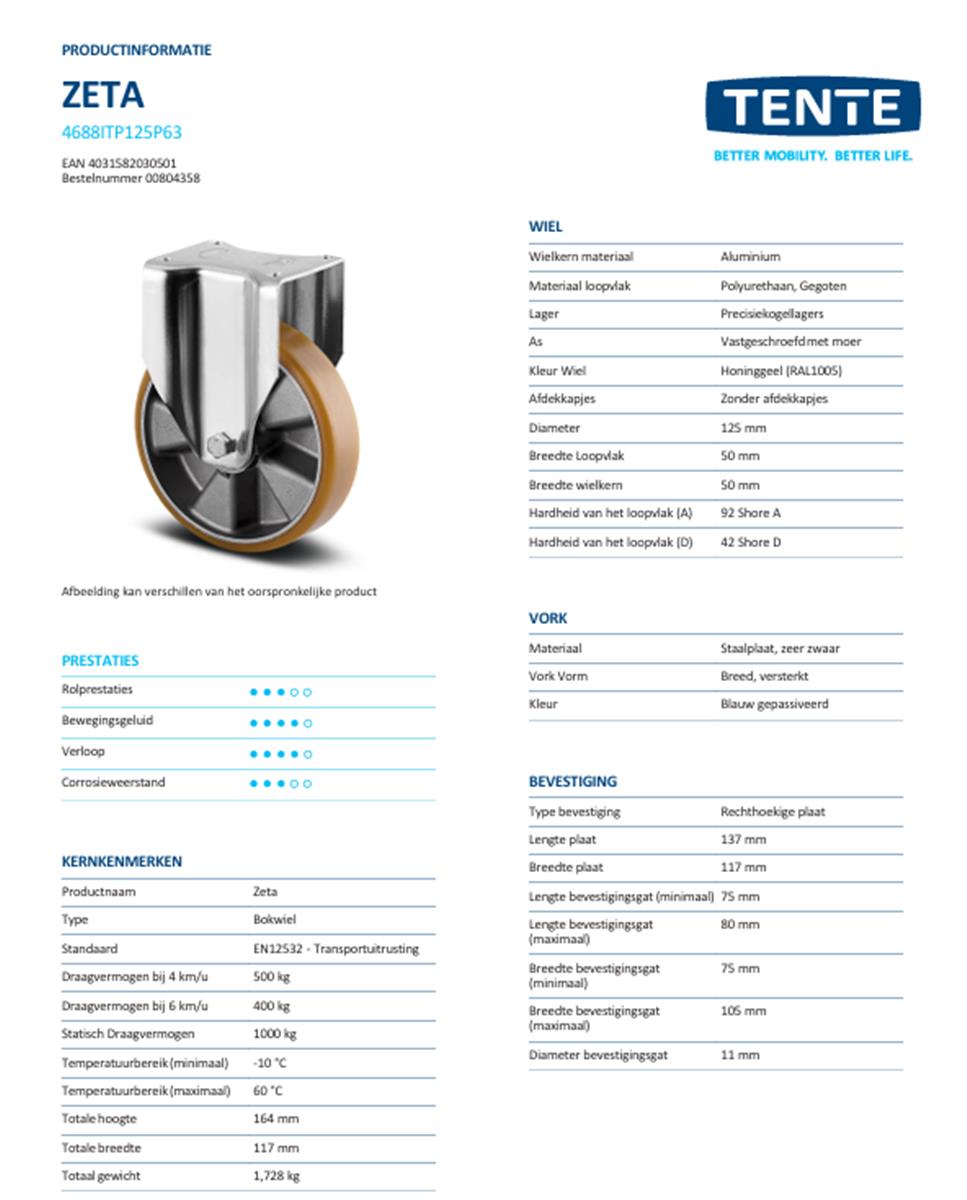 Zwaarlast bokwiel - TENTE 4688ITP125P63 - polyurethaan - dia 125mm - max 500 kg - 00804358
