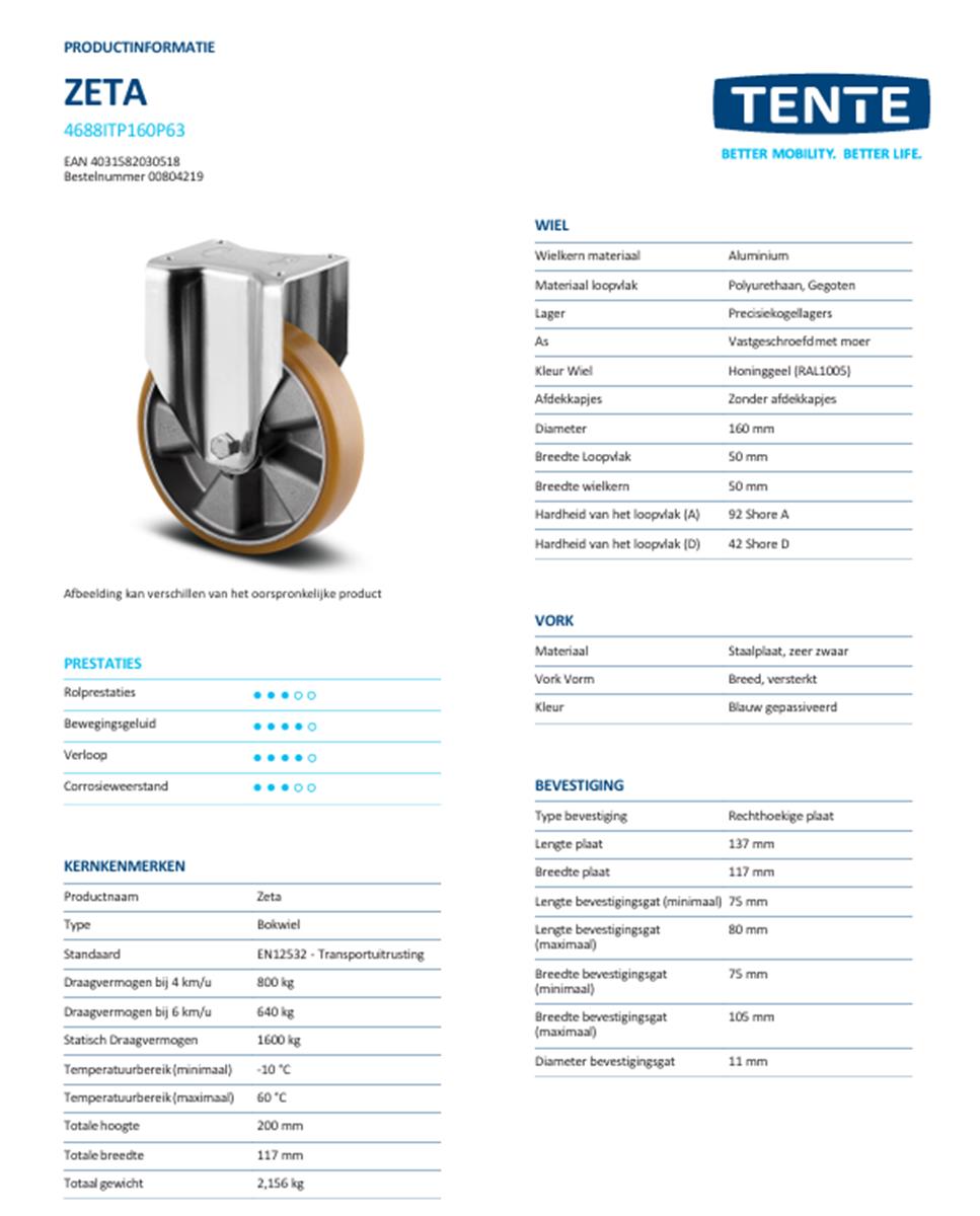 Zwaarlast bokwiel - TENTE 4688ITP160P63 - polyurethaan - dia 160mm - max 800 kg - 00804219