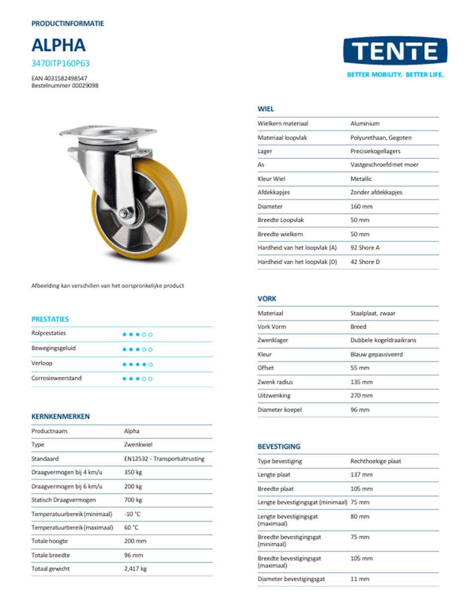 Zwenkwiel - TENTE 3470ITP160P63 cv - polyurethaan - dia 160mm - max 350 kg - 00303655