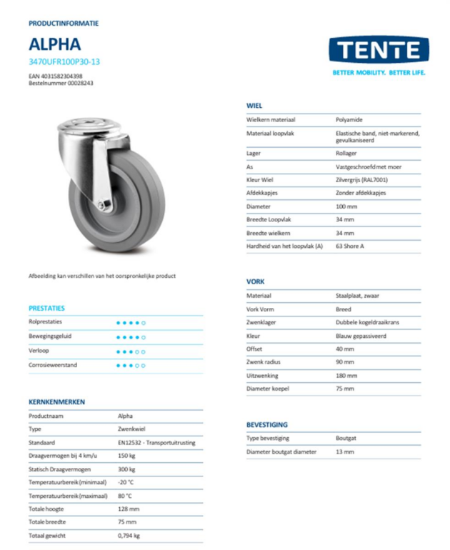 Zwenkwiel - TENTE 3470UFR100P30-13 - blauw rubber - dia 100mm - max 160 kg - 00061097