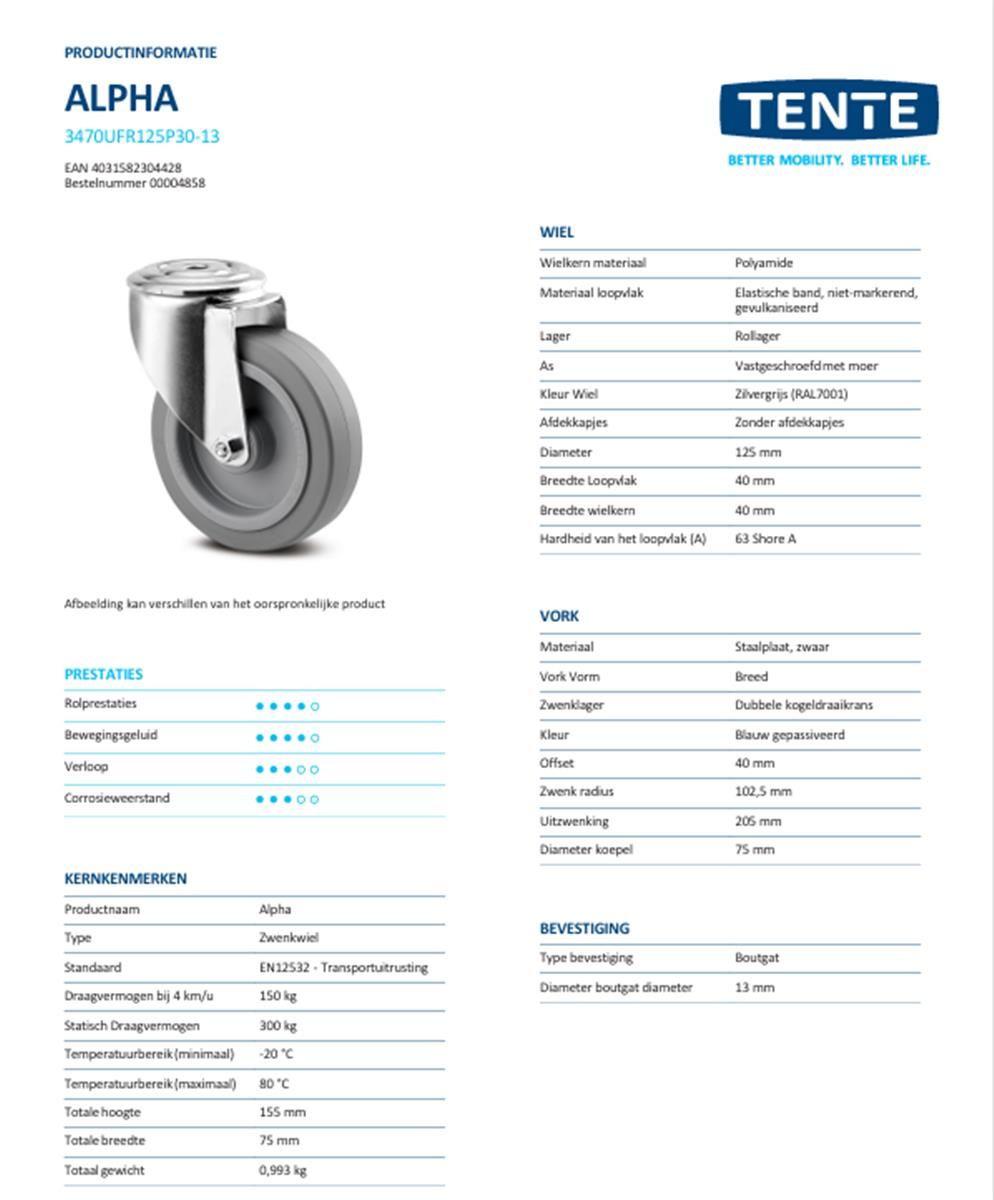 Zwenkwiel - TENTE 3470UFR125P30-13 - grijs rubber - dia 125mm - max 150 kg - 00061098