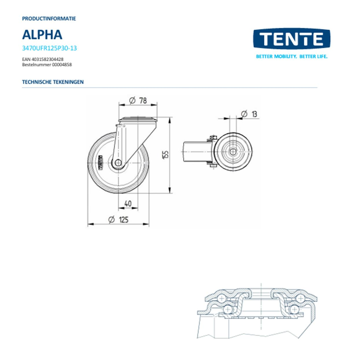 Zwenkwiel - TENTE 3470UFR125P30-13 - grijs rubber - dia 125mm - max 150 kg - 00061098