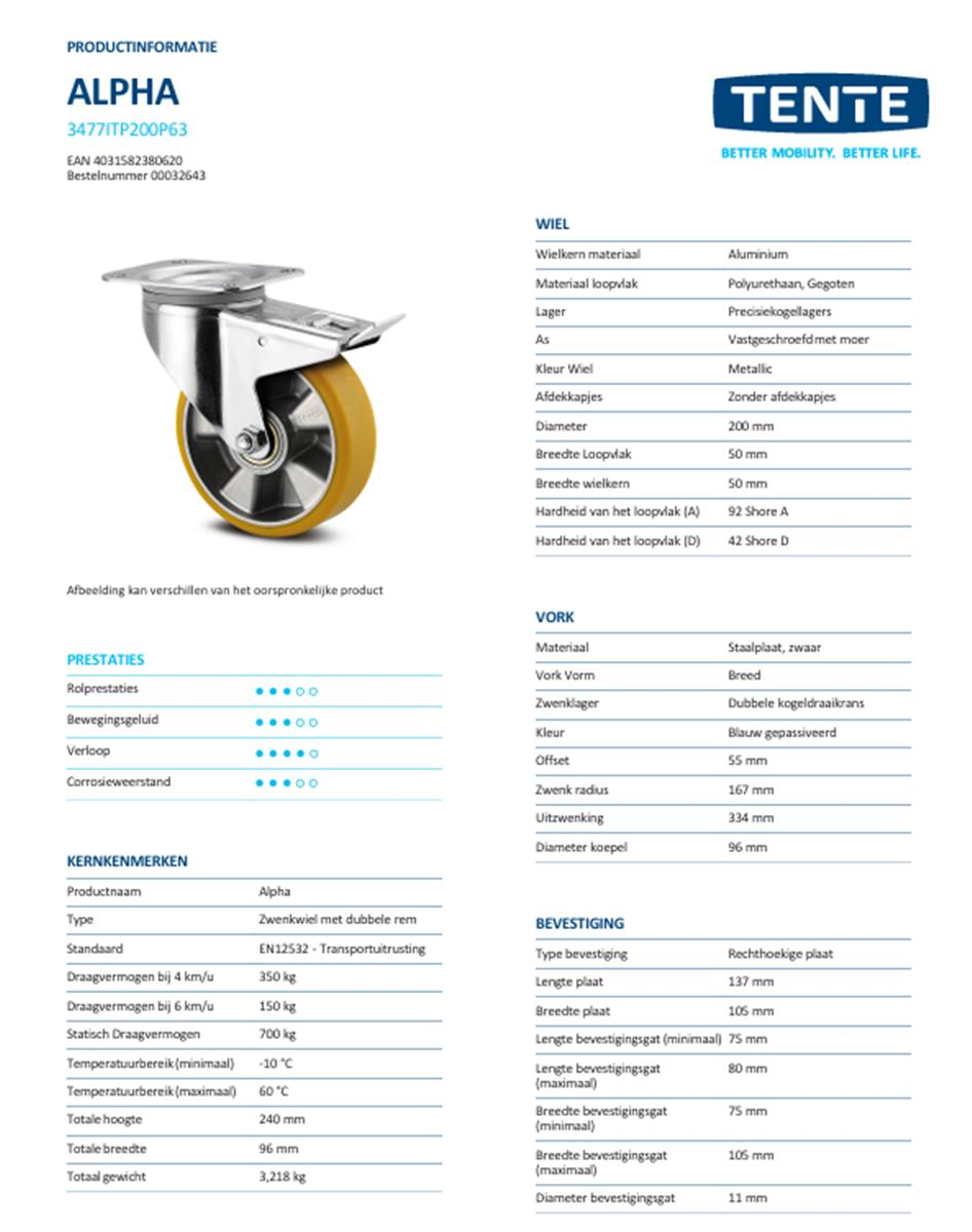 Zwenkwiel met dubbele rem - TENTE 3477ITP200P63 cv - polyurethaan - dia 200mm - max 350 kg - 00300848