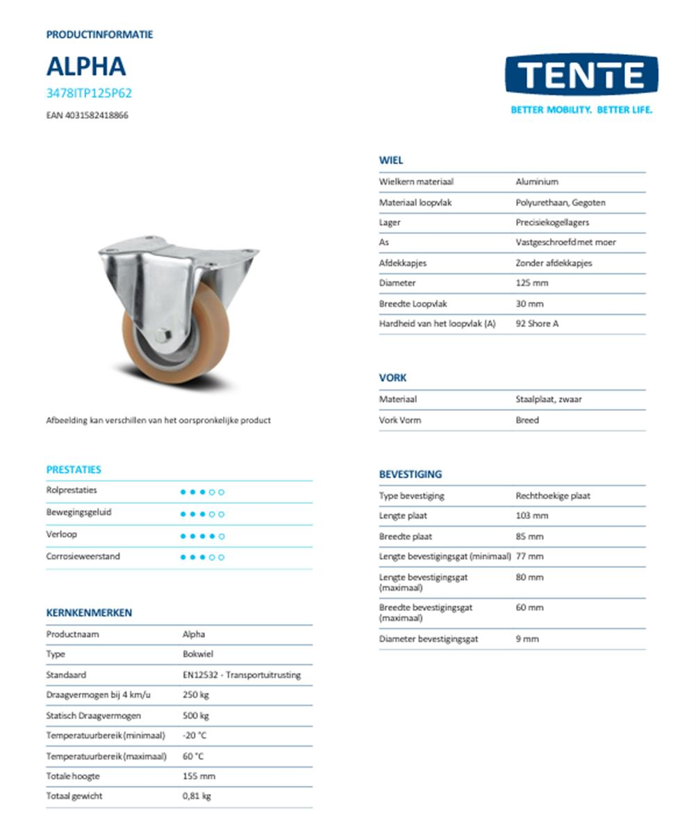 Bokwiel - TENTE 3478ITP125P62 - polyurethaan - dia 125mm - max 250 kg - 00300906