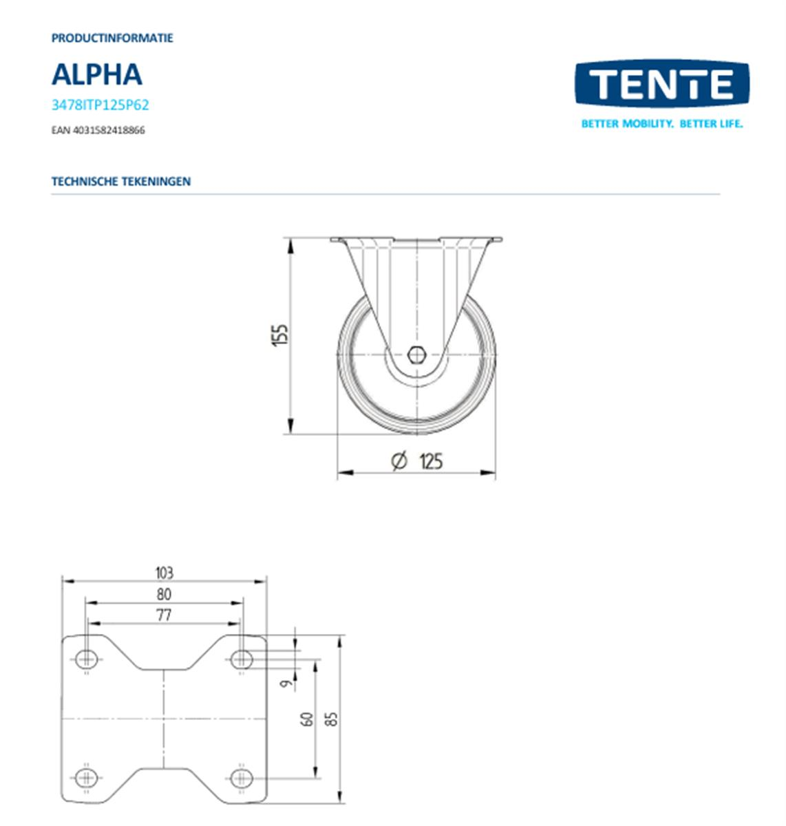 Bokwiel - TENTE 3478ITP125P62 - polyurethaan - dia 125mm - max 250 kg - 00300906