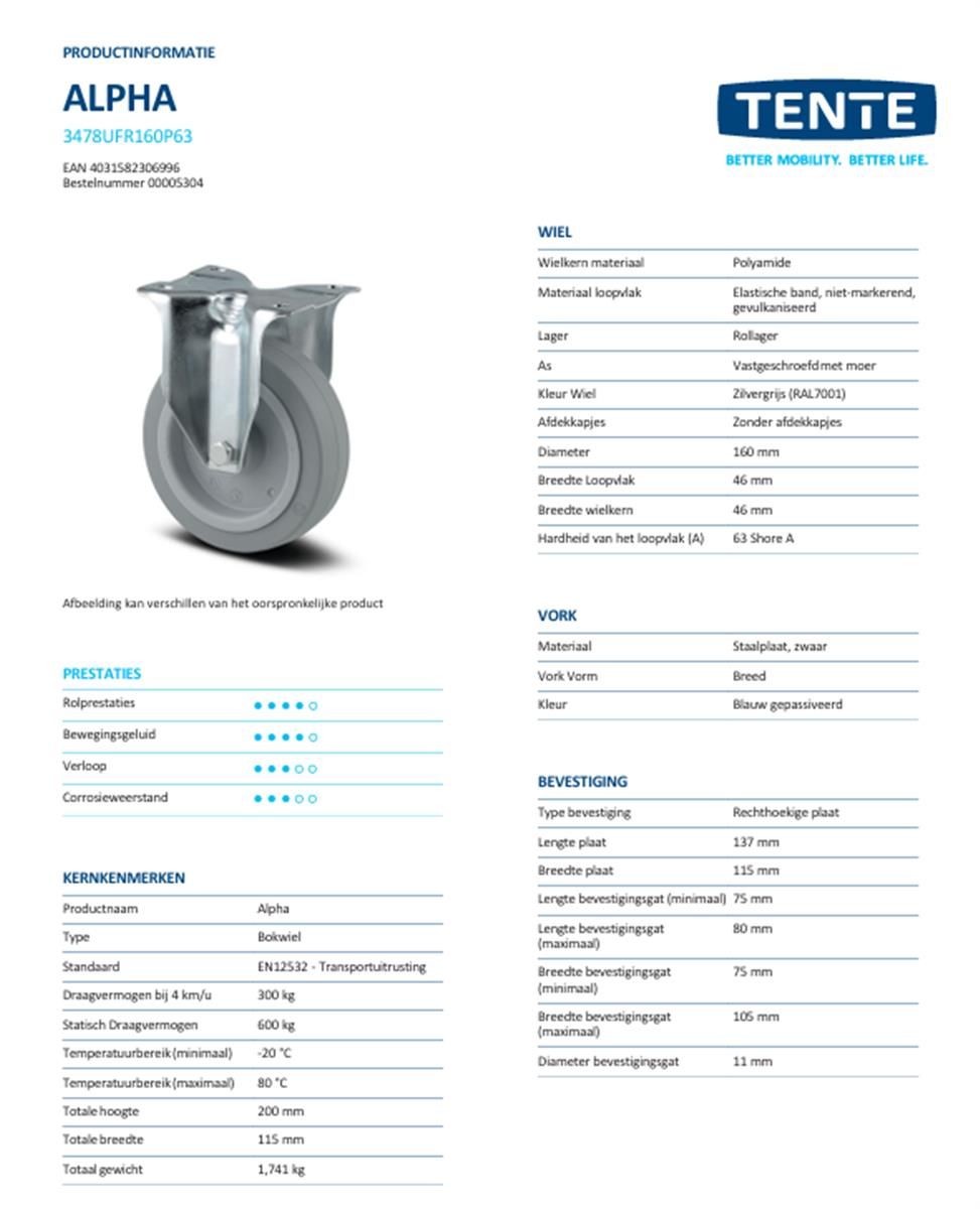 Bokwiel - TENTE 3478UFR160P63 - grijs rubber - dia 160mm - max 300 kg - 00005304