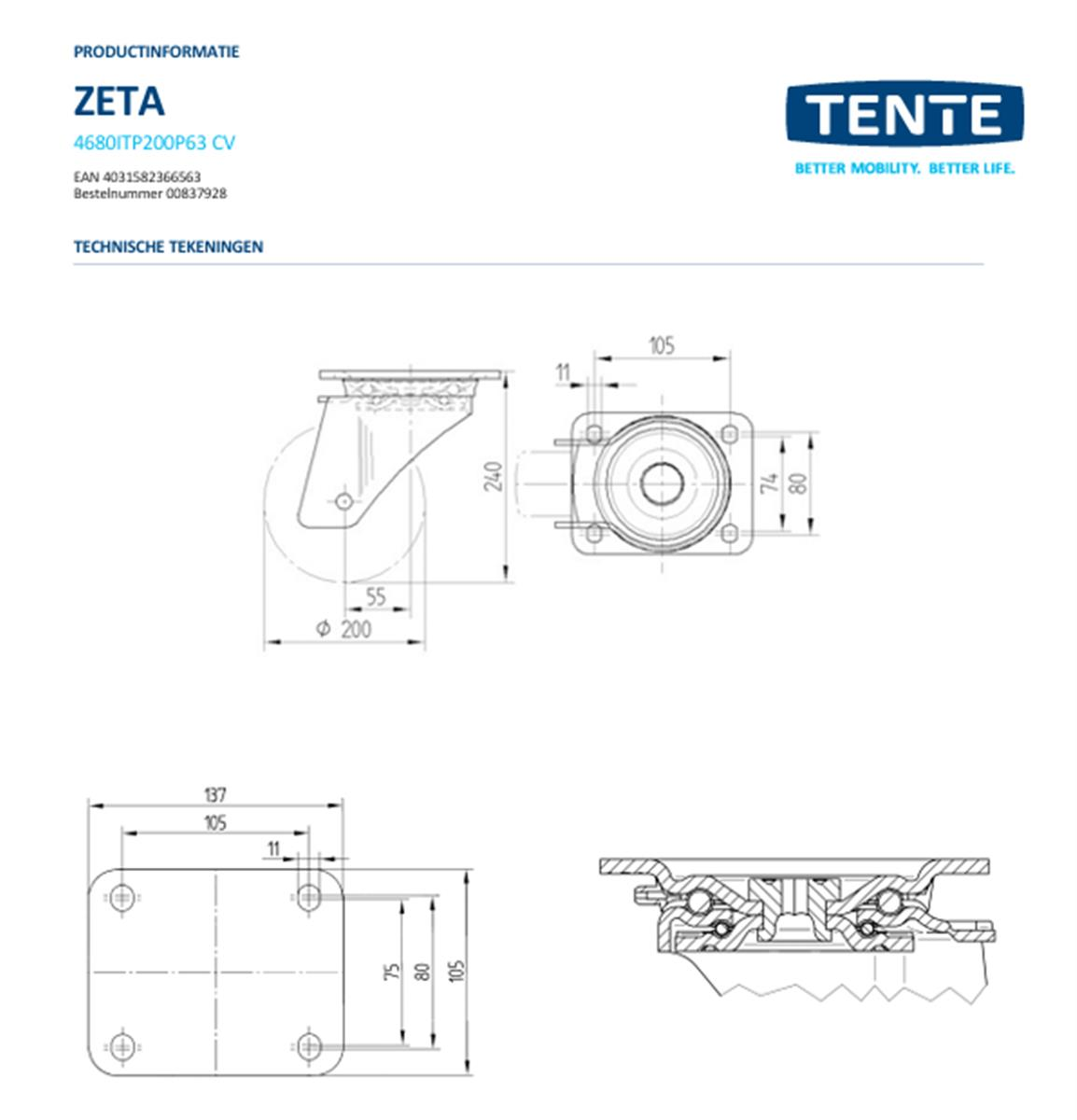 Zwaarlast zwenkwiel - TENTE 4680ITP200P63 - polyurethaan convex - dia 200mm - max 800 kg - 00837928