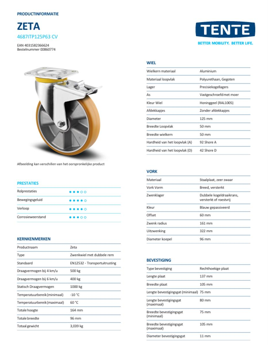 Zwaarlast zwenkwiel met dubbele rem - TENTE 4687ITP125P63 - polyurethaan convex - dia 125mm - max 500 kg - 00860774