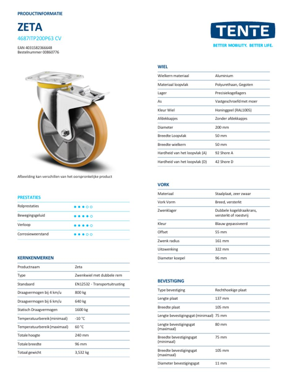 Zwaarlast zwenkwiel met dubbele rem - TENTE 4687ITP200P63 - polyurethaan convex - dia 200mm - max 350 kg - 00860776