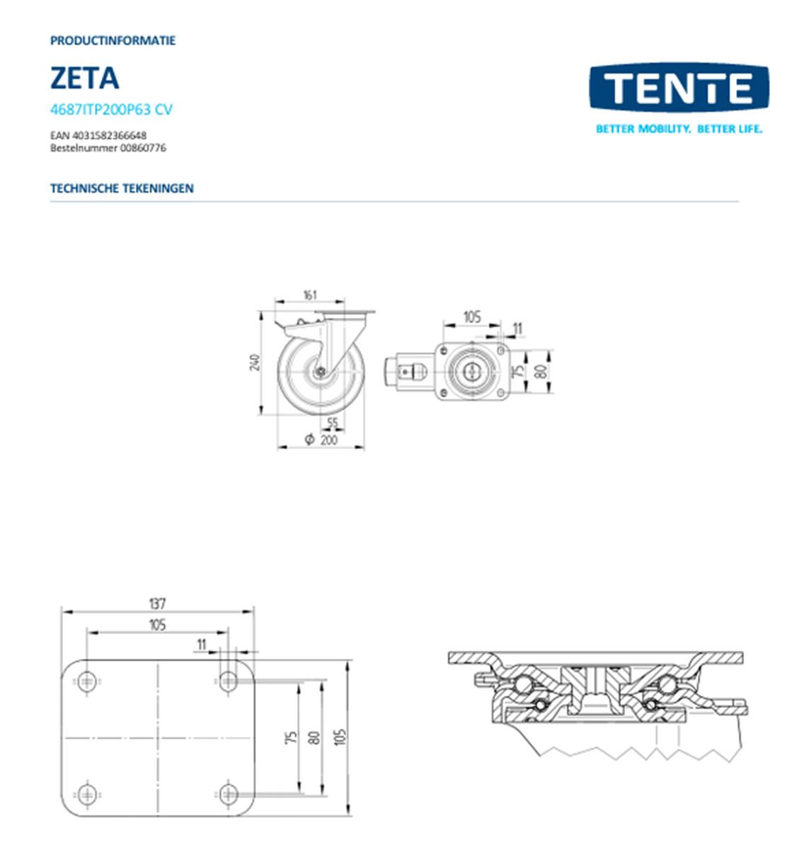 Zwaarlast zwenkwiel met dubbele rem - TENTE 4687ITP200P63 - polyurethaan convex - dia 200mm - max 350 kg - 00860776