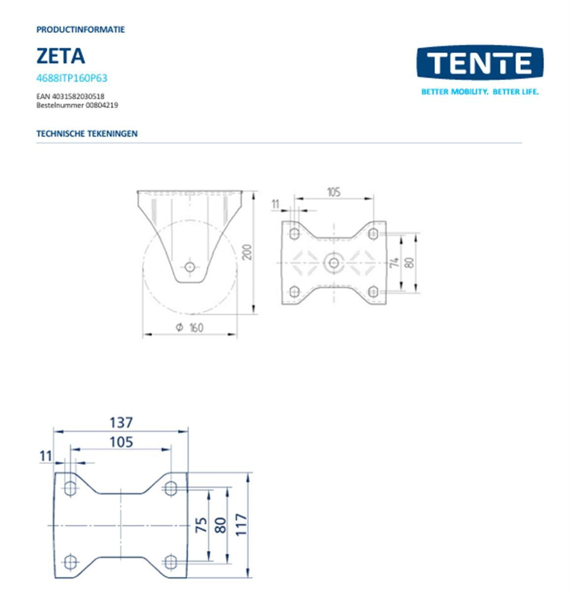 Zwaarlast bokwiel - TENTE 4688ITP160P63 - polyurethaan - dia 160mm - max 800 kg - 00804219