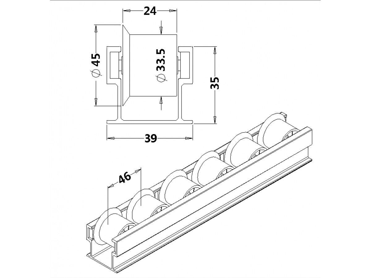 Rollenrail met spoorkrans - aluminium behuizing 40mm - zwarte kunststof rol - lengte 4m