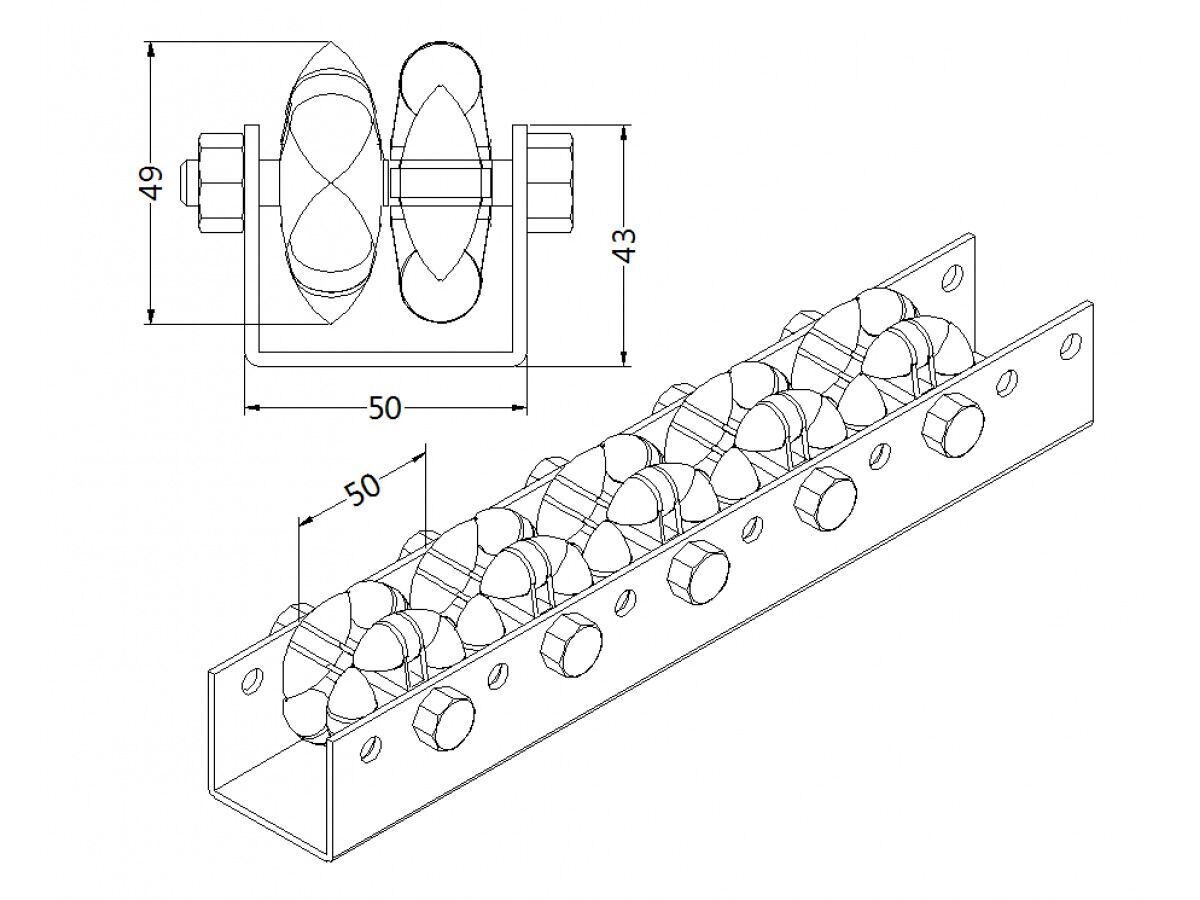 Rollenrail - stalen behuizing - 360° multi-directionele rollen - lengte 1m